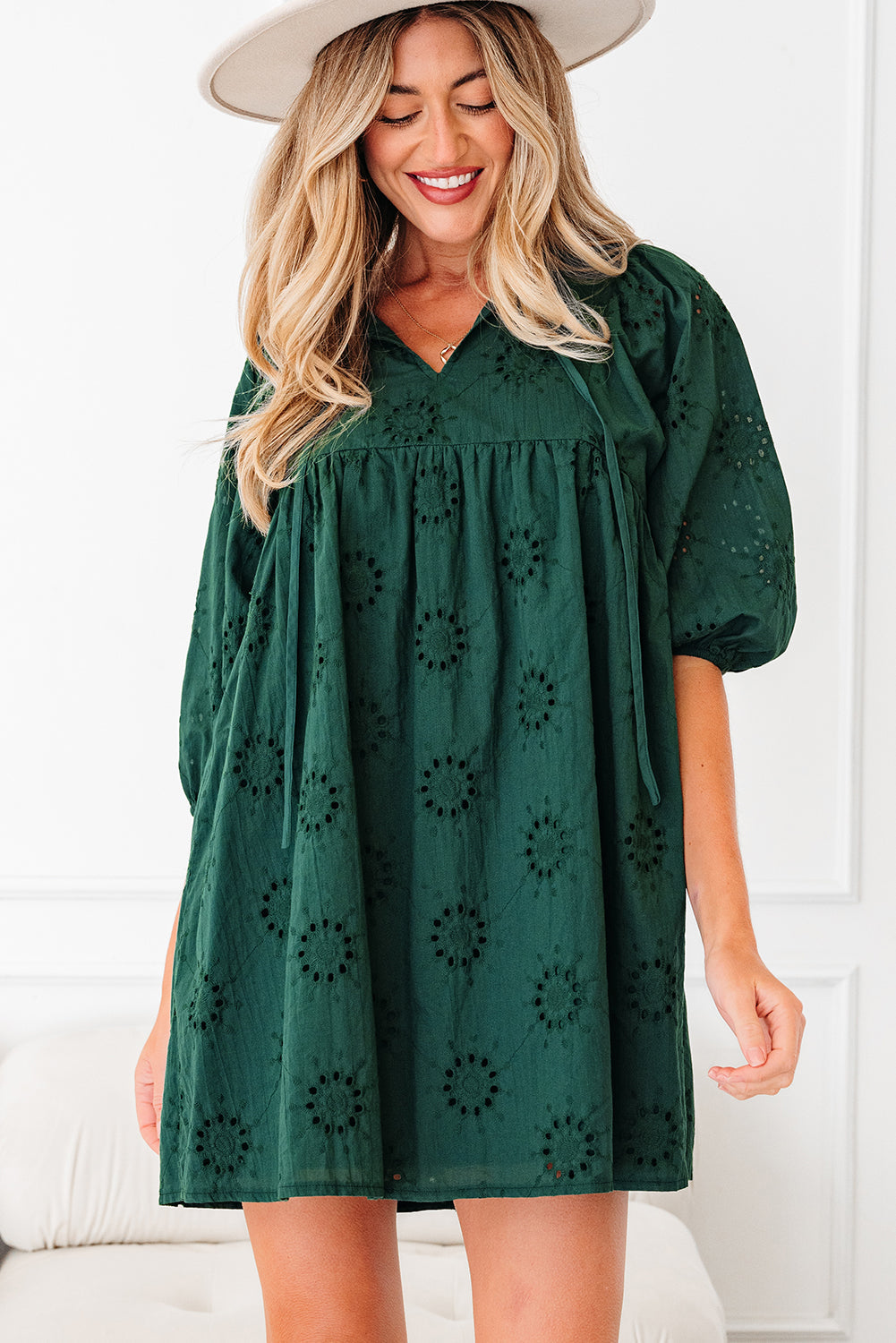 Blackish Green Eyelet Embroidered Swing Dress Puff Sleeve Dear-Lover Dropshipping